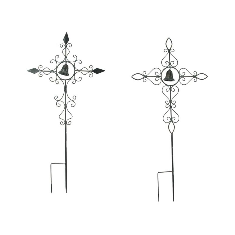 Set of 2 Bronze Finished Scroll Design Metal Garden Stakes With Wind Bells